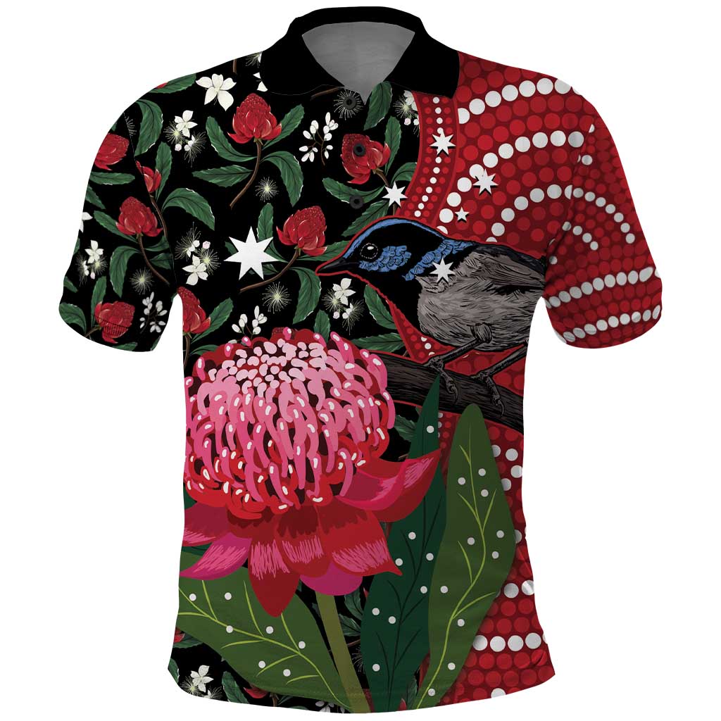 Personalised Australia Waratah And Superb Fairywren Polo Shirt Aboriginal Art - Vibe Hoodie Shop