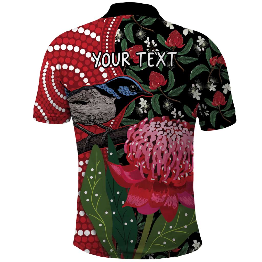 Personalised Australia Waratah And Superb Fairywren Polo Shirt Aboriginal Art - Vibe Hoodie Shop