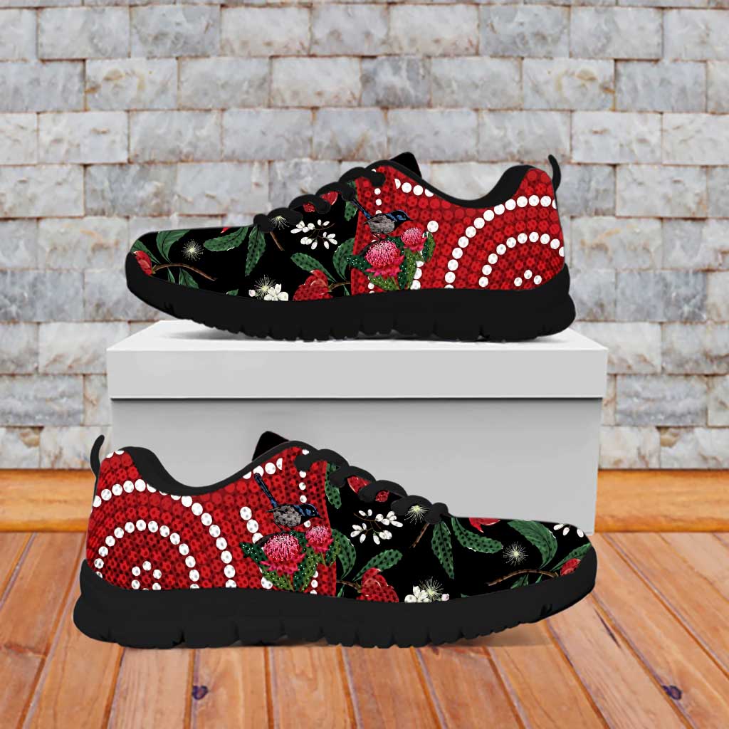 Personalised Australia Waratah With Superb Fairywren Sneakers Aboriginal Art - Vibe Hoodie Shop