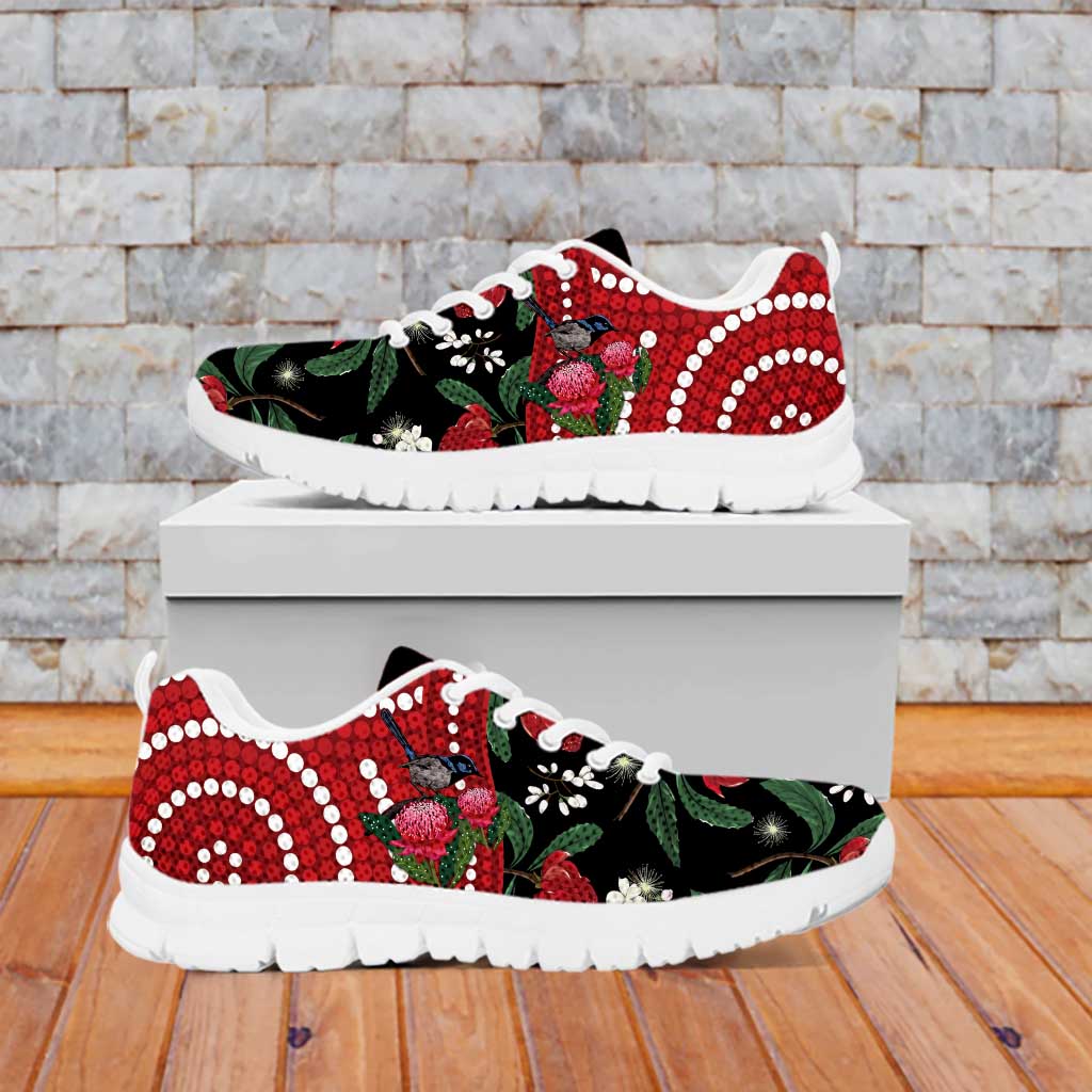 Personalised Australia Waratah With Superb Fairywren Sneakers Aboriginal Art - Vibe Hoodie Shop