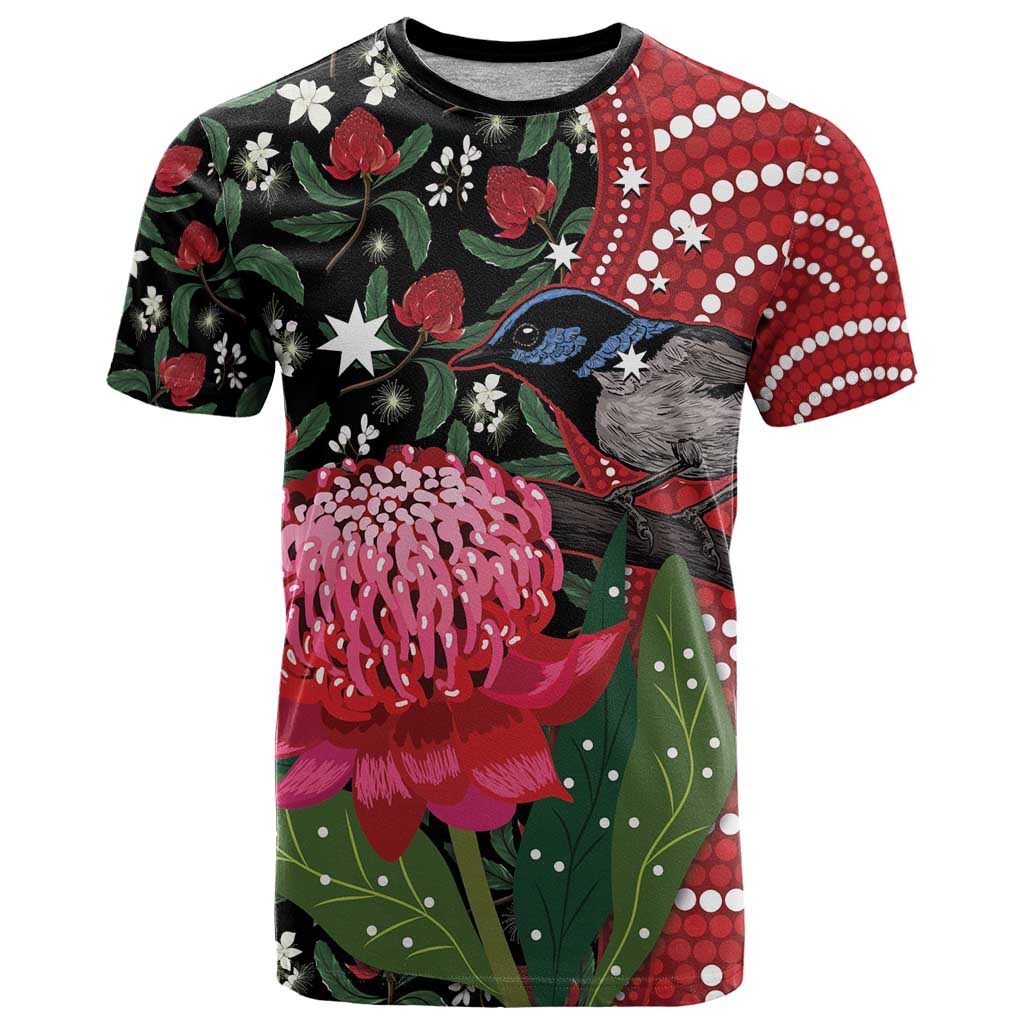 Personalised Australia Waratah And Superb Fairywren T Shirt Aboriginal Art - Vibe Hoodie Shop