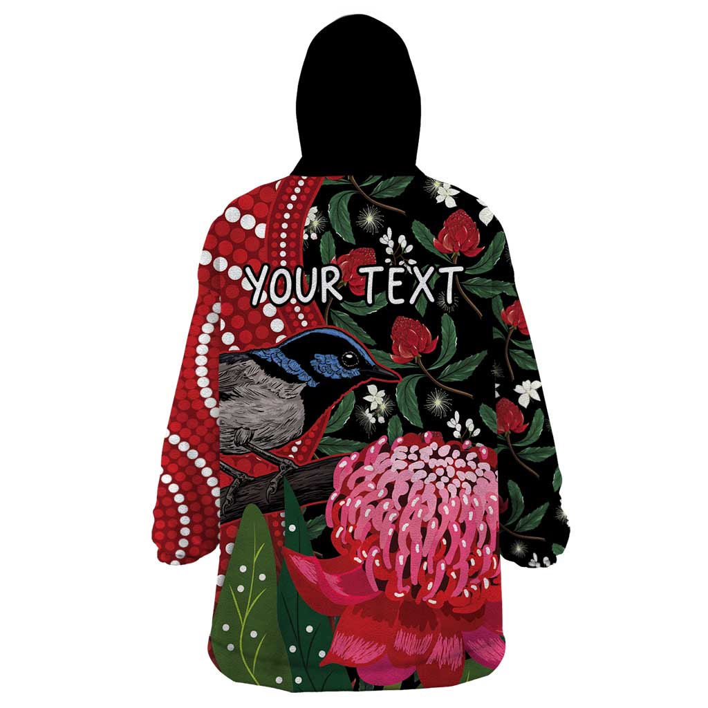 Personalised Australia Waratah And Superb Fairywren Wearable Blanket Hoodie Aboriginal Art - Vibe Hoodie Shop