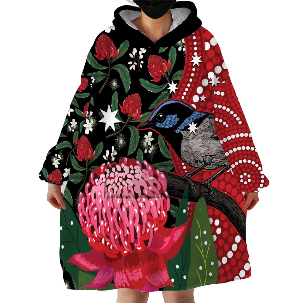 Personalised Australia Waratah And Superb Fairywren Wearable Blanket Hoodie Aboriginal Art - Vibe Hoodie Shop