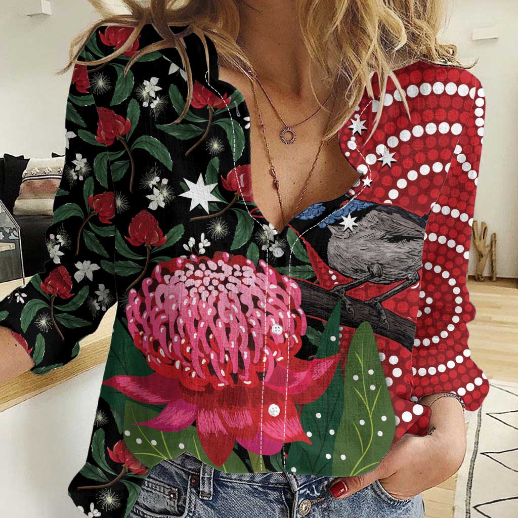 Personalised Australia Waratah And Superb Fairywren Women Casual Shirt Aboriginal Art - Vibe Hoodie Shop