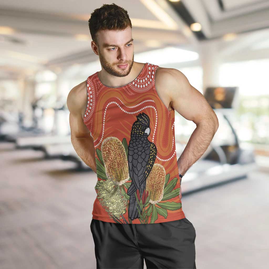 Personalised Australia Banksia And Black Cockatoo Men Tank Top Aboriginal Art - Vibe Hoodie Shop