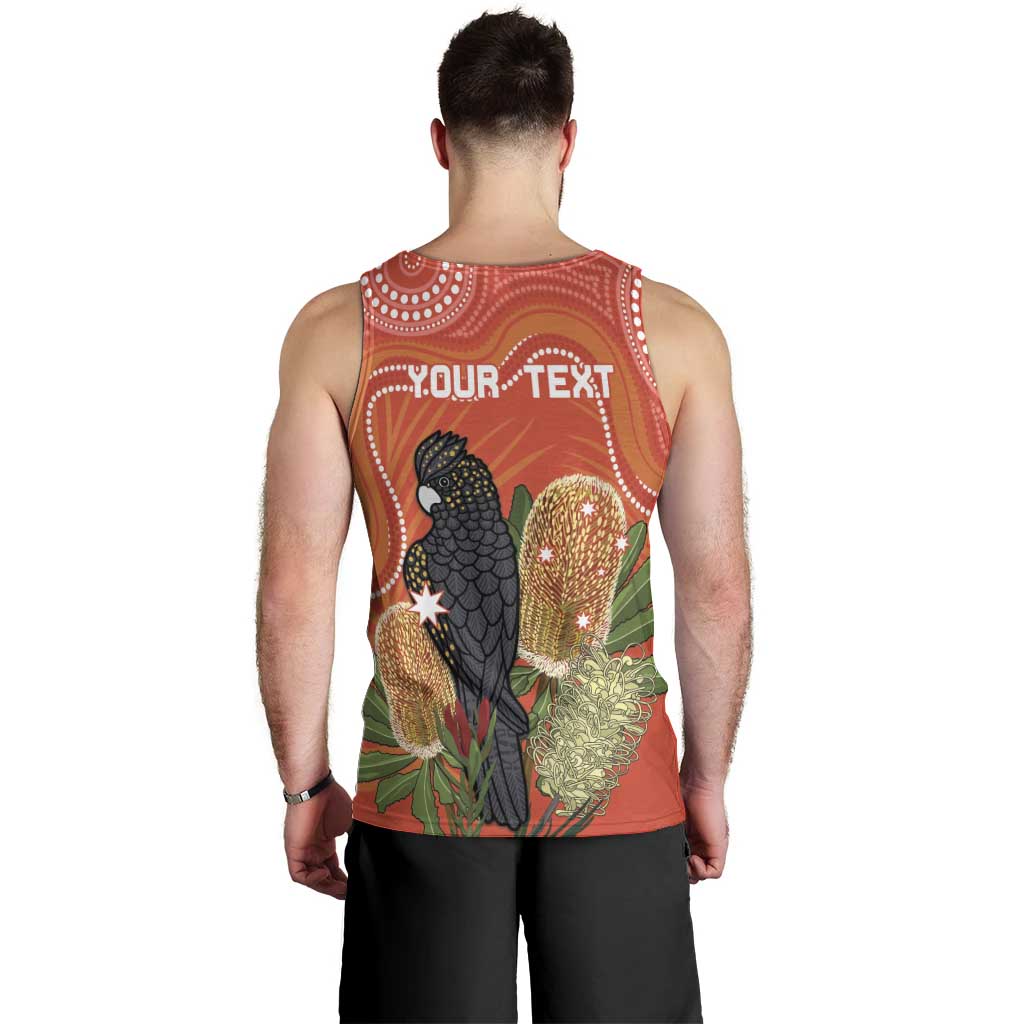 Personalised Australia Banksia And Black Cockatoo Men Tank Top Aboriginal Art - Vibe Hoodie Shop