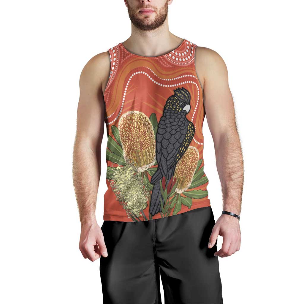 Personalised Australia Banksia And Black Cockatoo Men Tank Top Aboriginal Art - Vibe Hoodie Shop