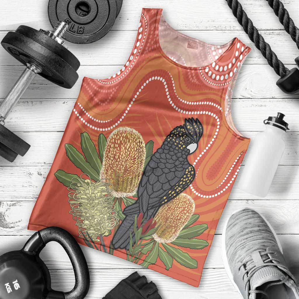 Personalised Australia Banksia And Black Cockatoo Men Tank Top Aboriginal Art - Vibe Hoodie Shop