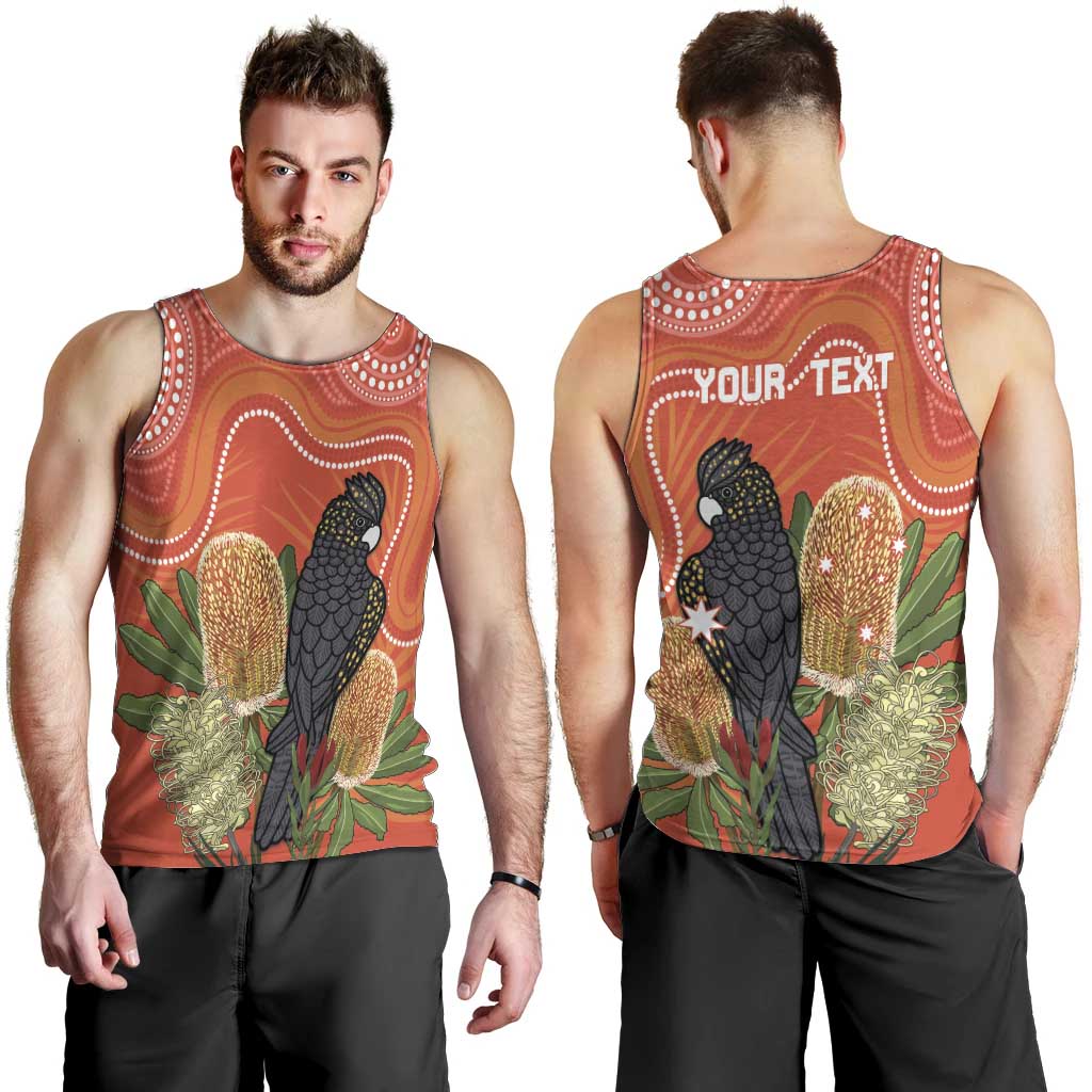 Personalised Australia Banksia And Black Cockatoo Men Tank Top Aboriginal Art - Vibe Hoodie Shop