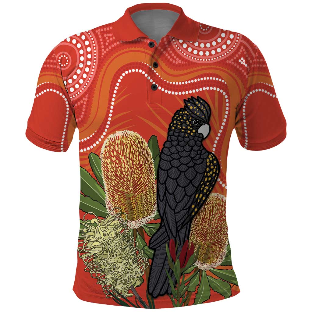 Personalised Australia Banksia And Black Cockatoo Polo Shirt Aboriginal Art - Vibe Hoodie Shop