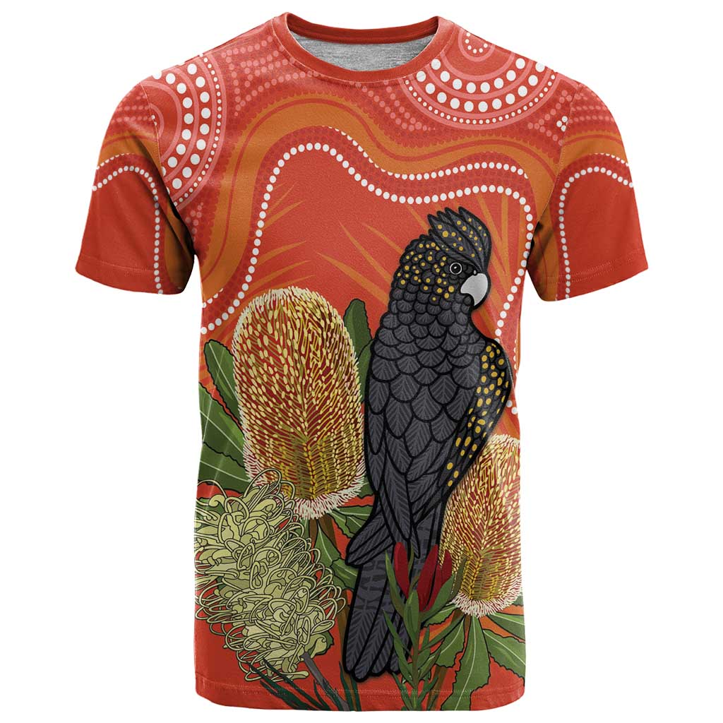 Personalised Australia Banksia And Black Cockatoo T Shirt Aboriginal Art - Vibe Hoodie Shop