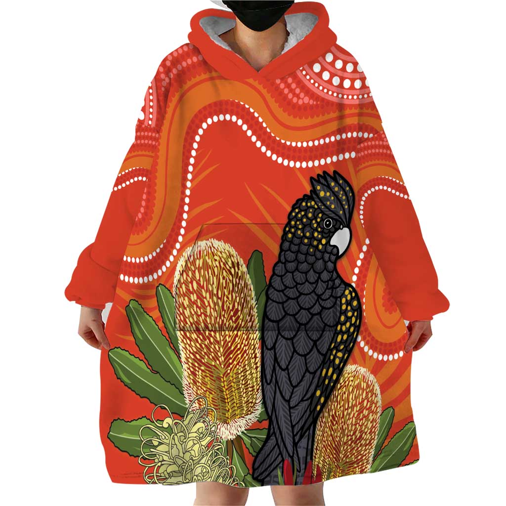 Personalised Australia Banksia And Black Cockatoo Wearable Blanket Hoodie Aboriginal Art - Vibe Hoodie Shop