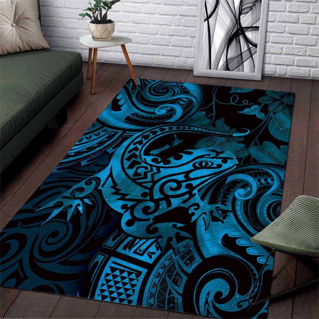 New Zealand Tuatara Area Rug Aotearoa Maori Clematis Flowers - Blue - Vibe Hoodie Shop