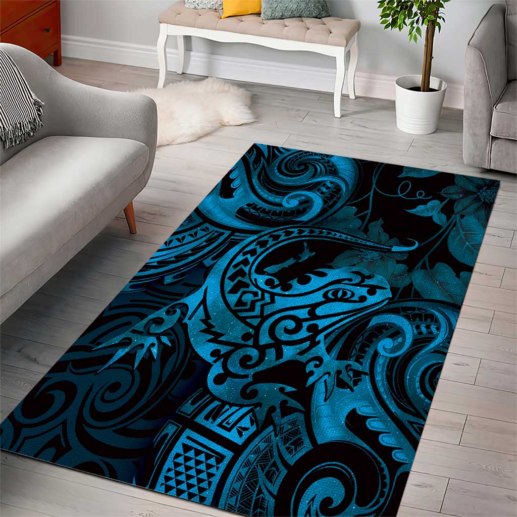 New Zealand Tuatara Area Rug Aotearoa Maori Clematis Flowers - Blue - Vibe Hoodie Shop