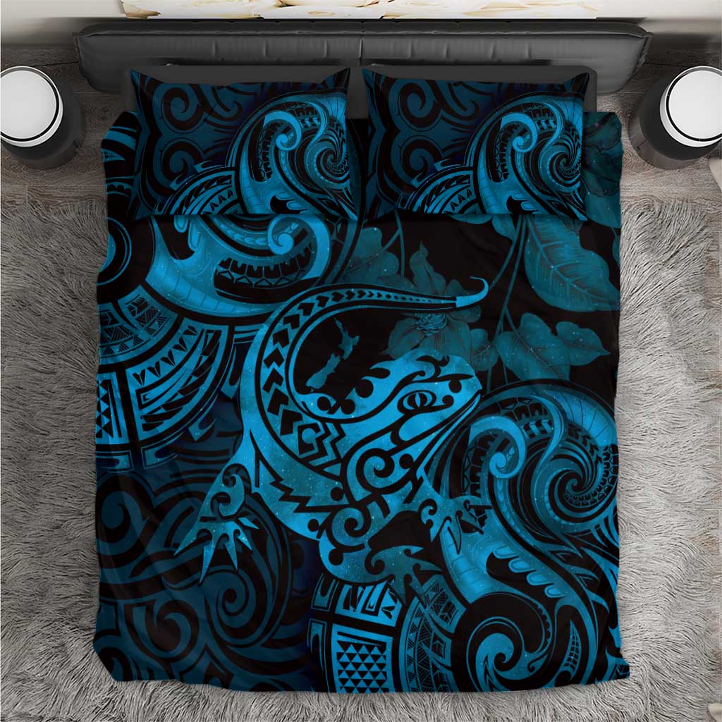 New Zealand Tuatara Bedding Set Aotearoa Maori Clematis Flowers - Blue - Vibe Hoodie Shop