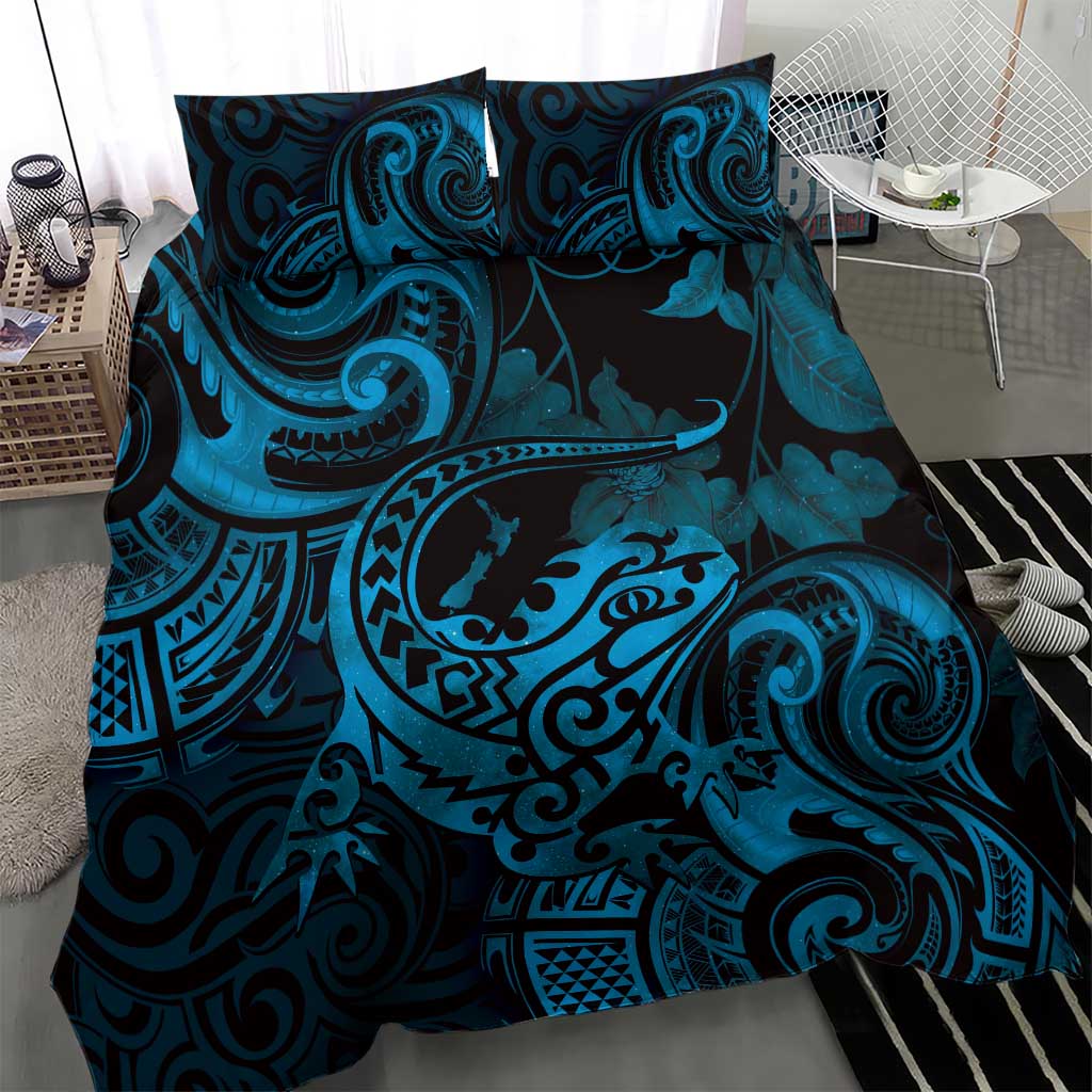 New Zealand Tuatara Bedding Set Aotearoa Maori Clematis Flowers - Blue - Vibe Hoodie Shop