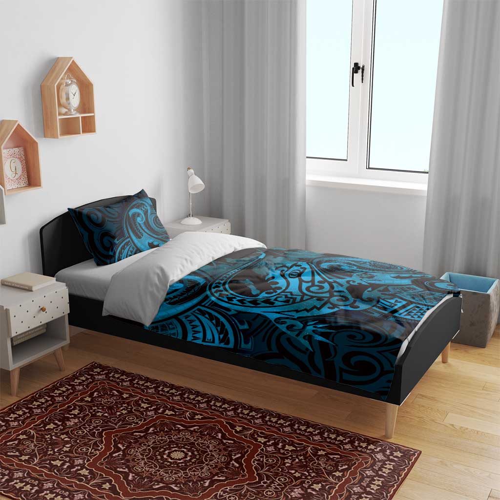 New Zealand Tuatara Bedding Set Aotearoa Maori Clematis Flowers - Blue - Vibe Hoodie Shop