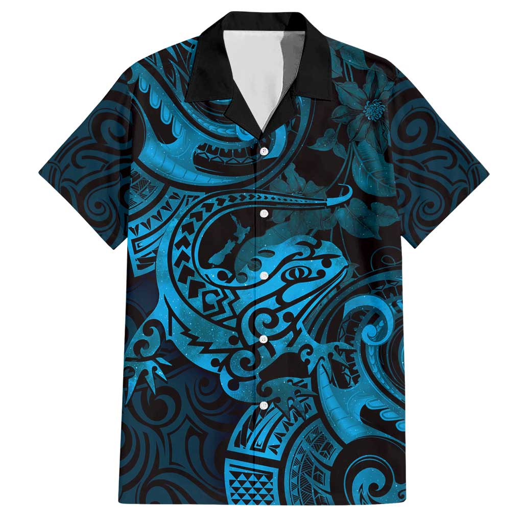 New Zealand Tuatara Hawaiian Shirt Aotearoa Maori Clematis Flowers - Blue - Vibe Hoodie Shop