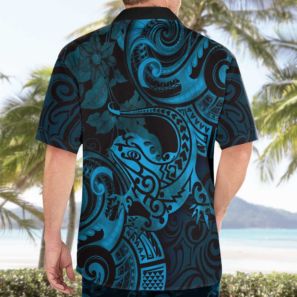 New Zealand Tuatara Hawaiian Shirt Aotearoa Maori Clematis Flowers - Blue - Vibe Hoodie Shop