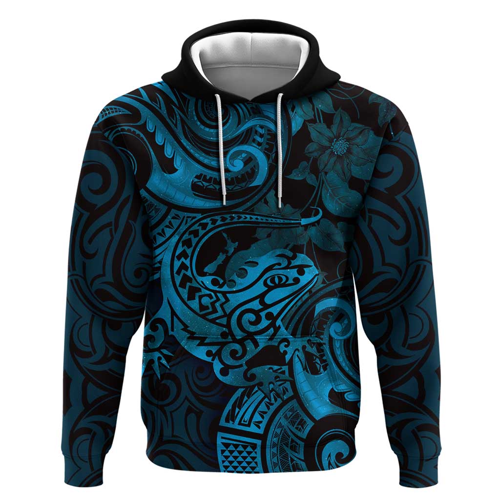 New Zealand Tuatara Hoodie Aotearoa Maori Clematis Flowers - Blue - Vibe Hoodie Shop