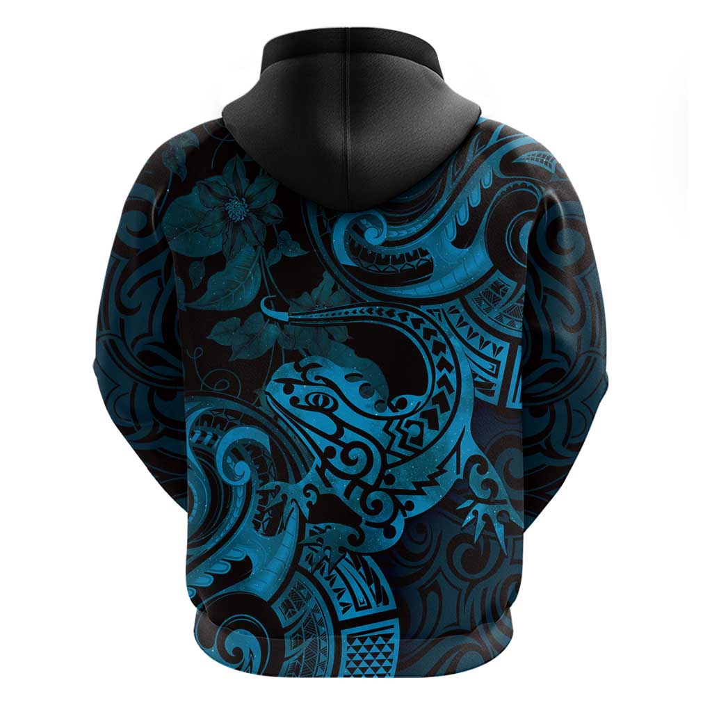 New Zealand Tuatara Hoodie Aotearoa Maori Clematis Flowers - Blue - Vibe Hoodie Shop
