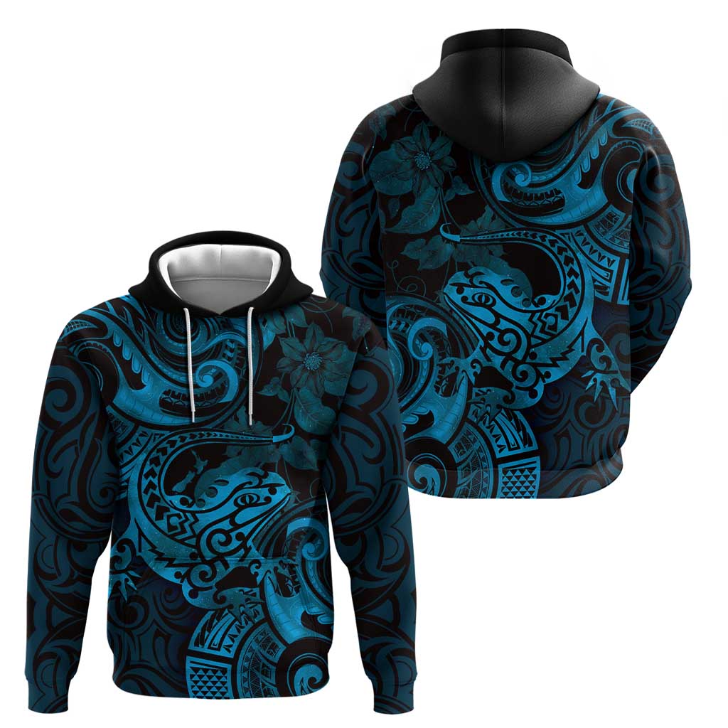 New Zealand Tuatara Hoodie Aotearoa Maori Clematis Flowers - Blue - Vibe Hoodie Shop