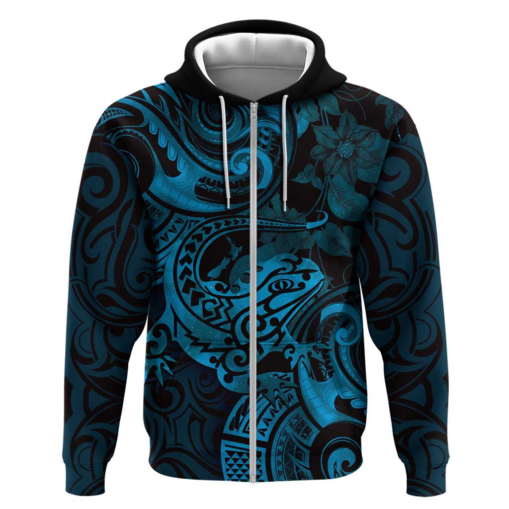New Zealand Tuatara Hoodie Aotearoa Maori Clematis Flowers - Blue - Vibe Hoodie Shop