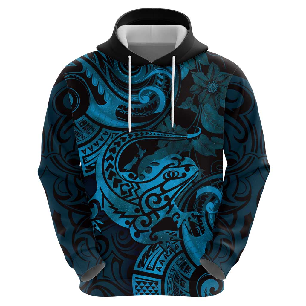 New Zealand Tuatara Hoodie Aotearoa Maori Clematis Flowers - Blue - Vibe Hoodie Shop