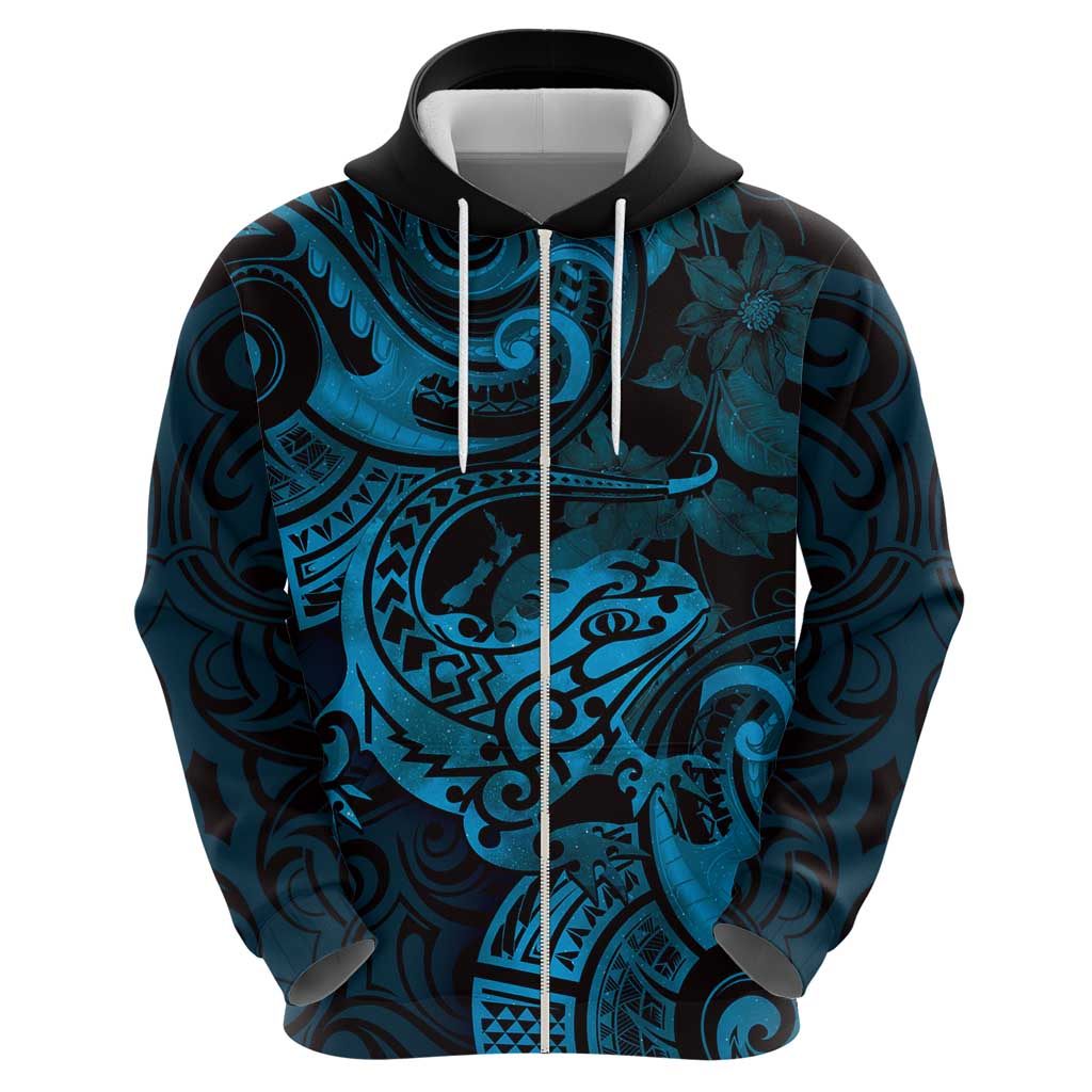 New Zealand Tuatara Hoodie Aotearoa Maori Clematis Flowers - Blue - Vibe Hoodie Shop