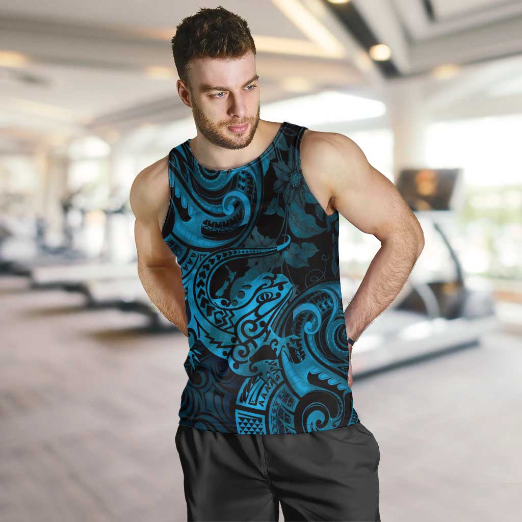 New Zealand Tuatara Men Tank Top Aotearoa Maori Clematis Flowers - Blue - Vibe Hoodie Shop