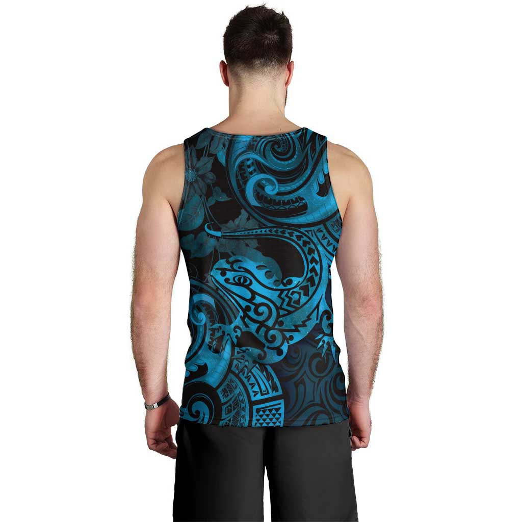 New Zealand Tuatara Men Tank Top Aotearoa Maori Clematis Flowers - Blue - Vibe Hoodie Shop