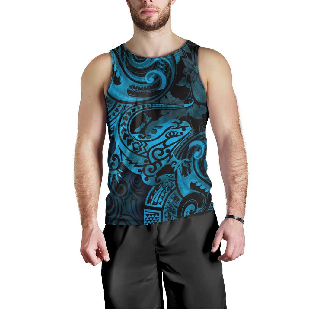 New Zealand Tuatara Men Tank Top Aotearoa Maori Clematis Flowers - Blue - Vibe Hoodie Shop