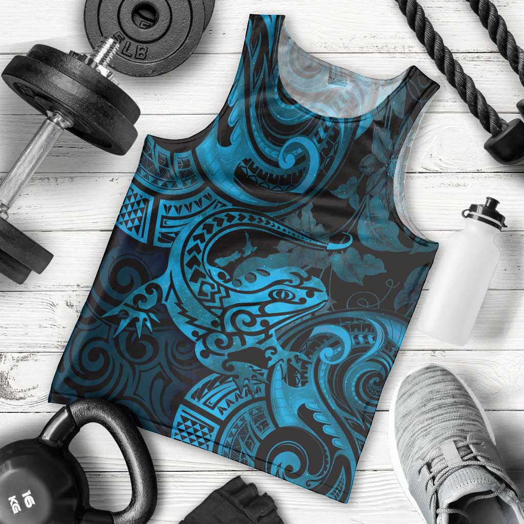 New Zealand Tuatara Men Tank Top Aotearoa Maori Clematis Flowers - Blue - Vibe Hoodie Shop