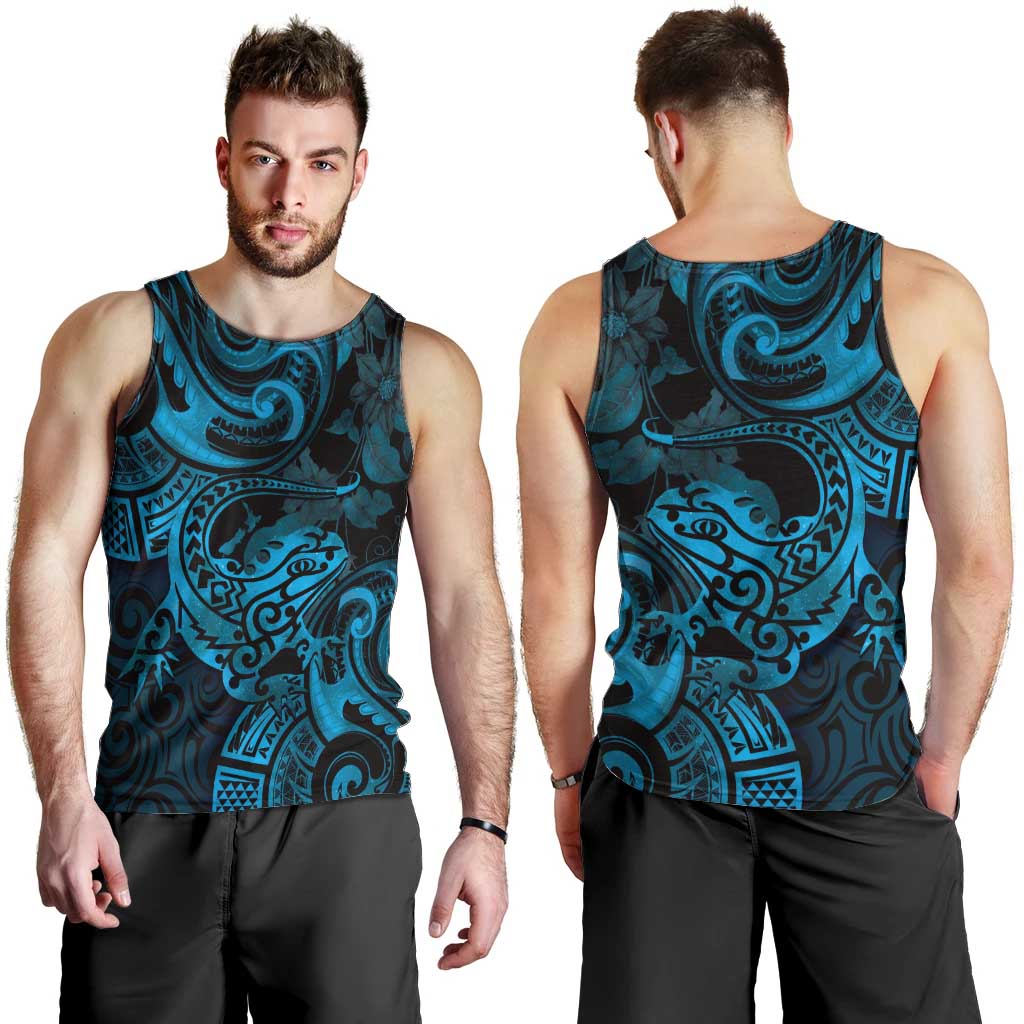 New Zealand Tuatara Men Tank Top Aotearoa Maori Clematis Flowers - Blue - Vibe Hoodie Shop