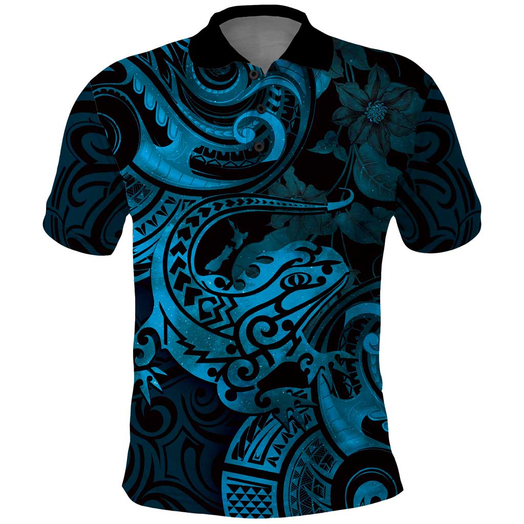 New Zealand Tuatara Polo Shirt Aotearoa Maori Clematis Flowers - Blue - Vibe Hoodie Shop