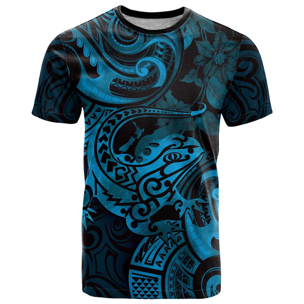 New Zealand Tuatara T Shirt Aotearoa Maori Clematis Flowers - Blue - Vibe Hoodie Shop