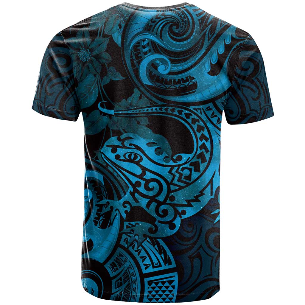 New Zealand Tuatara T Shirt Aotearoa Maori Clematis Flowers - Blue - Vibe Hoodie Shop