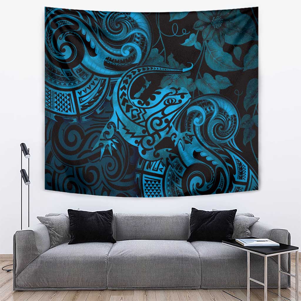 New Zealand Tuatara Tapestry Aotearoa Maori Clematis Flowers - Blue - Vibe Hoodie Shop