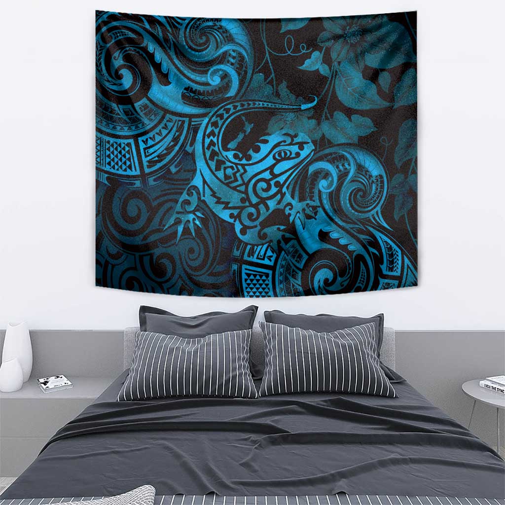 New Zealand Tuatara Tapestry Aotearoa Maori Clematis Flowers - Blue - Vibe Hoodie Shop