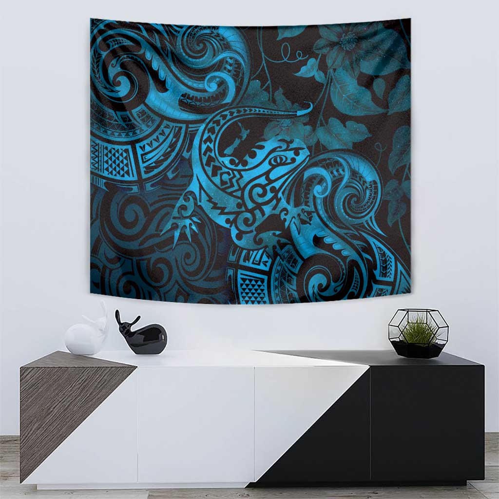 New Zealand Tuatara Tapestry Aotearoa Maori Clematis Flowers - Blue - Vibe Hoodie Shop