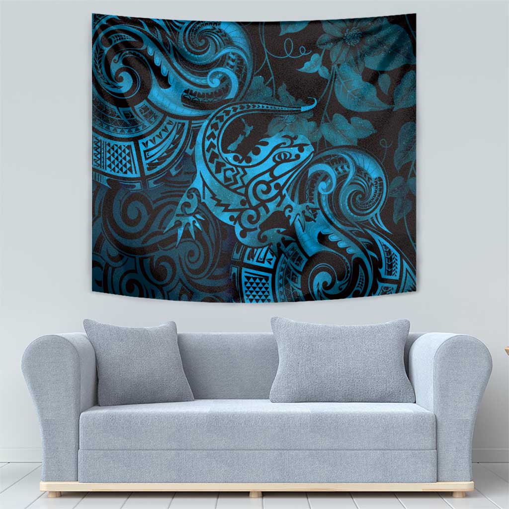 New Zealand Tuatara Tapestry Aotearoa Maori Clematis Flowers - Blue - Vibe Hoodie Shop