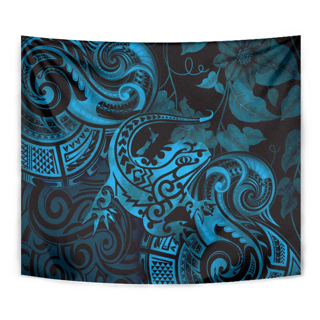 New Zealand Tuatara Tapestry Aotearoa Maori Clematis Flowers - Blue - Vibe Hoodie Shop