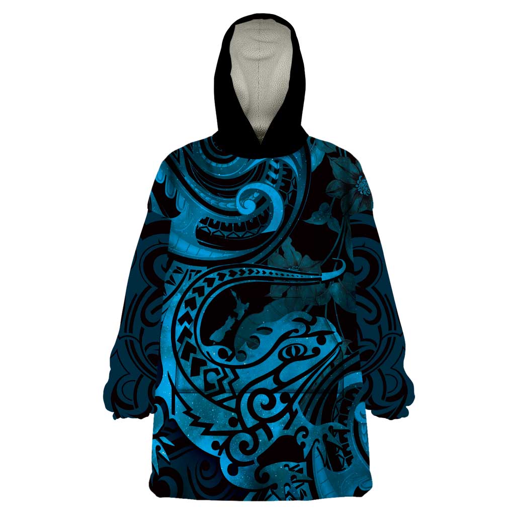 New Zealand Tuatara Wearable Blanket Hoodie Aotearoa Maori Clematis Flowers - Blue - Vibe Hoodie Shop