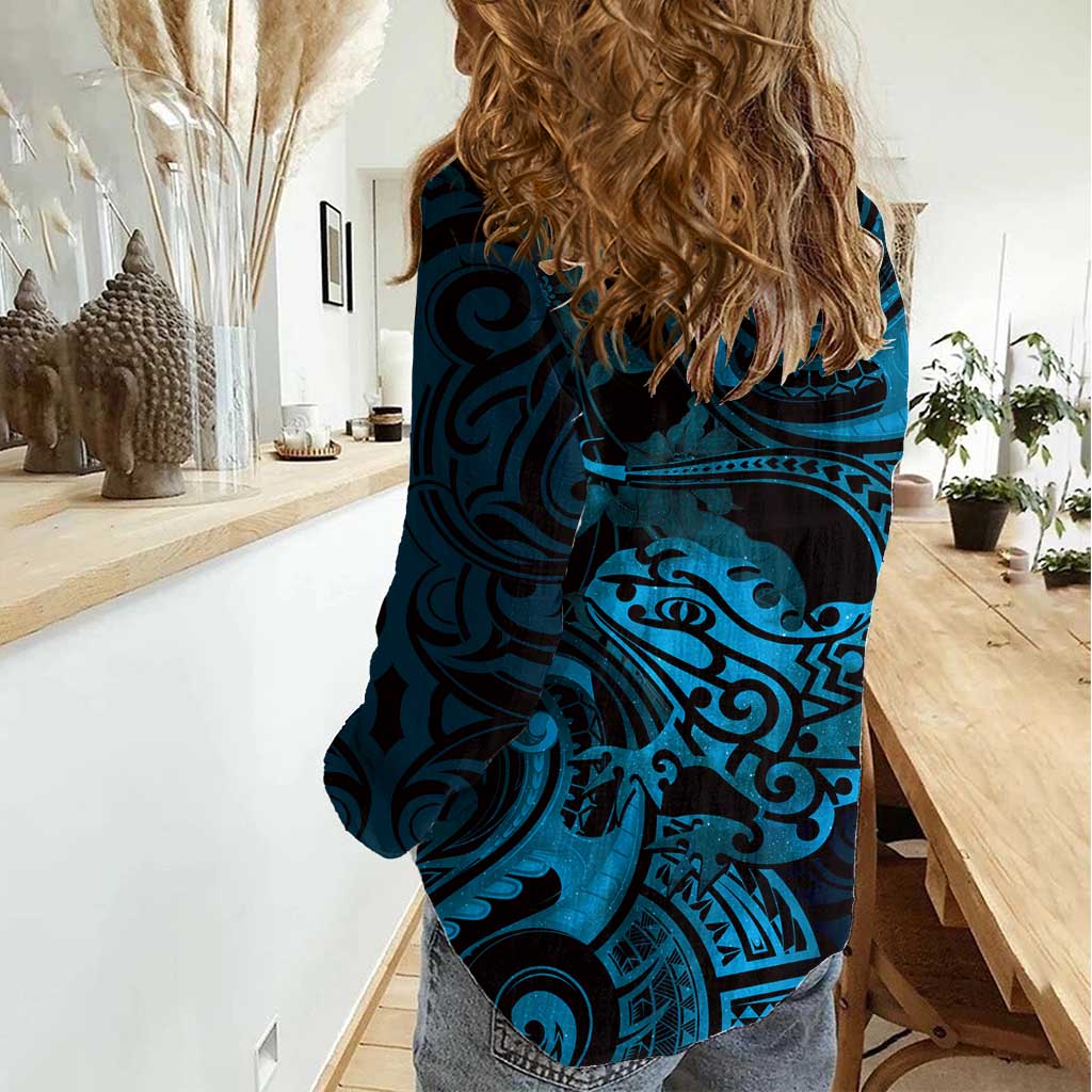 New Zealand Tuatara Women Casual Shirt Aotearoa Maori Clematis Flowers - Blue - Vibe Hoodie Shop