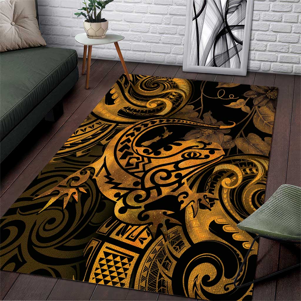 New Zealand Tuatara Area Rug Aotearoa Maori Clematis Flowers - Gold - Vibe Hoodie Shop