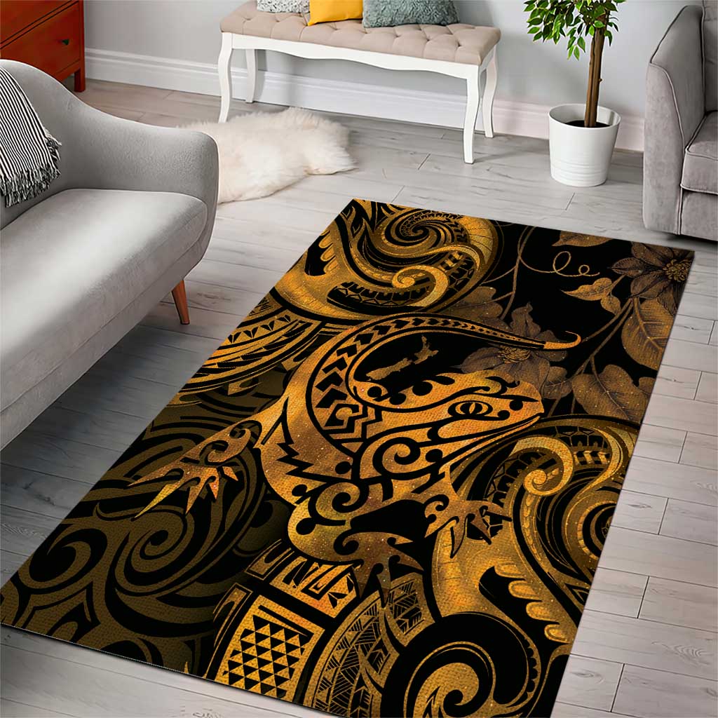 New Zealand Tuatara Area Rug Aotearoa Maori Clematis Flowers - Gold - Vibe Hoodie Shop