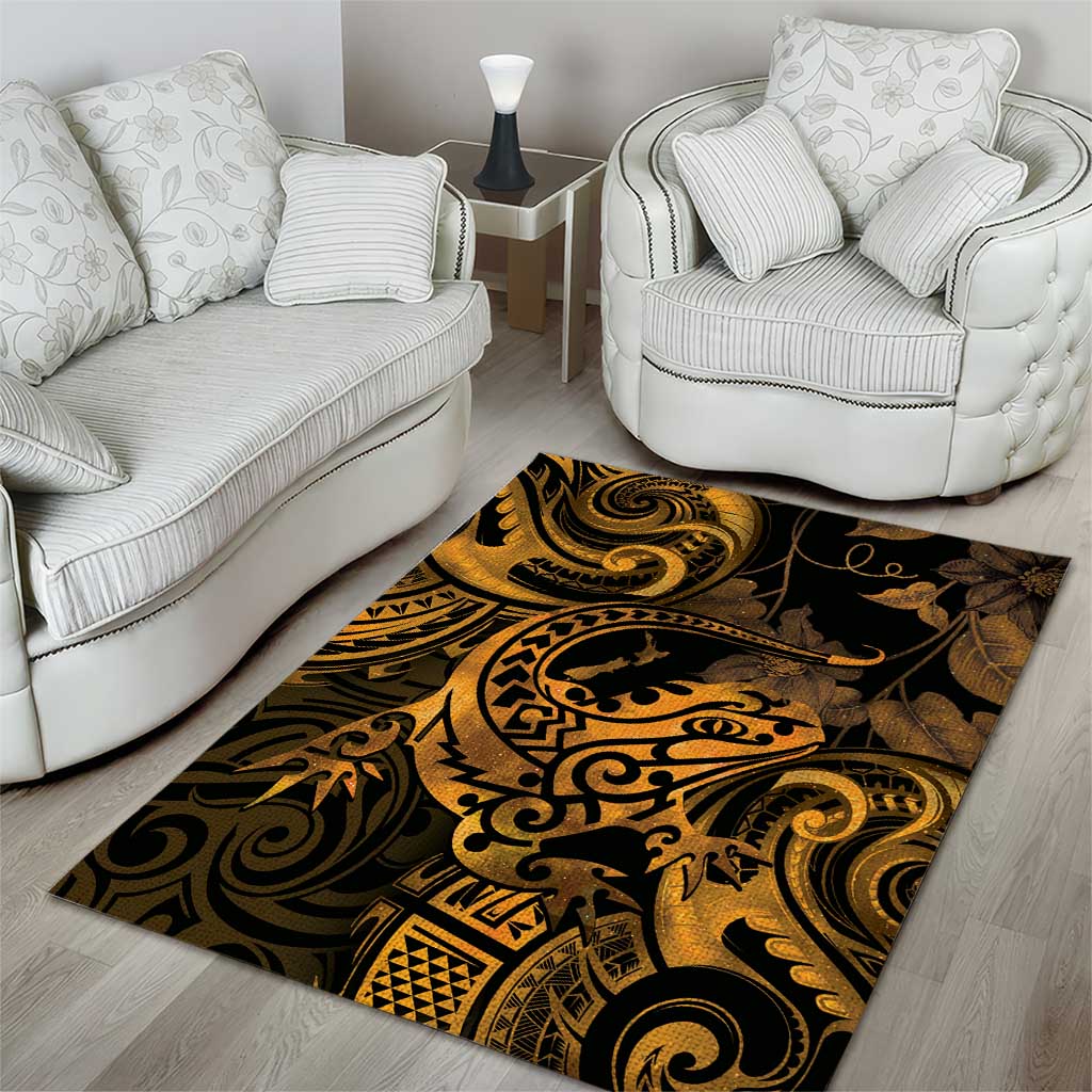 New Zealand Tuatara Area Rug Aotearoa Maori Clematis Flowers - Gold - Vibe Hoodie Shop