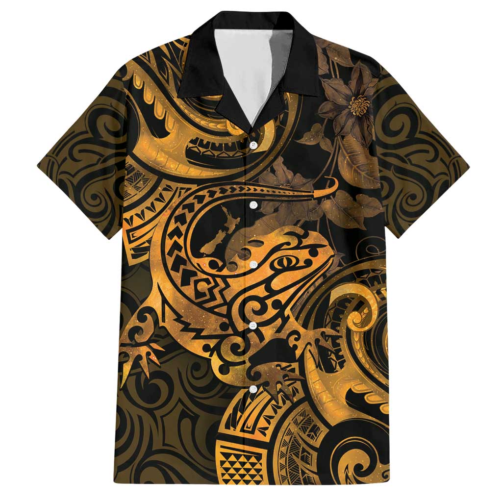 New Zealand Tuatara Hawaiian Shirt Aotearoa Maori Clematis Flowers - Gold - Vibe Hoodie Shop