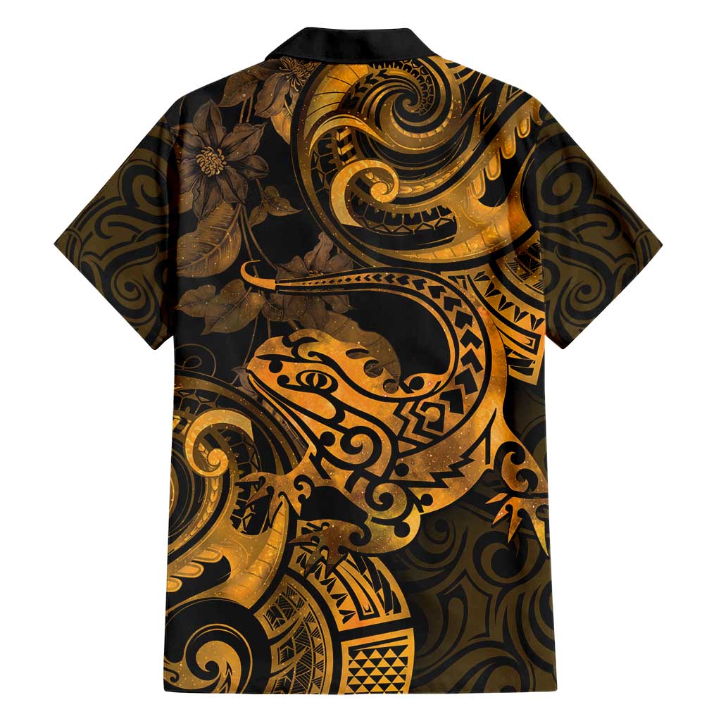 New Zealand Tuatara Hawaiian Shirt Aotearoa Maori Clematis Flowers - Gold - Vibe Hoodie Shop