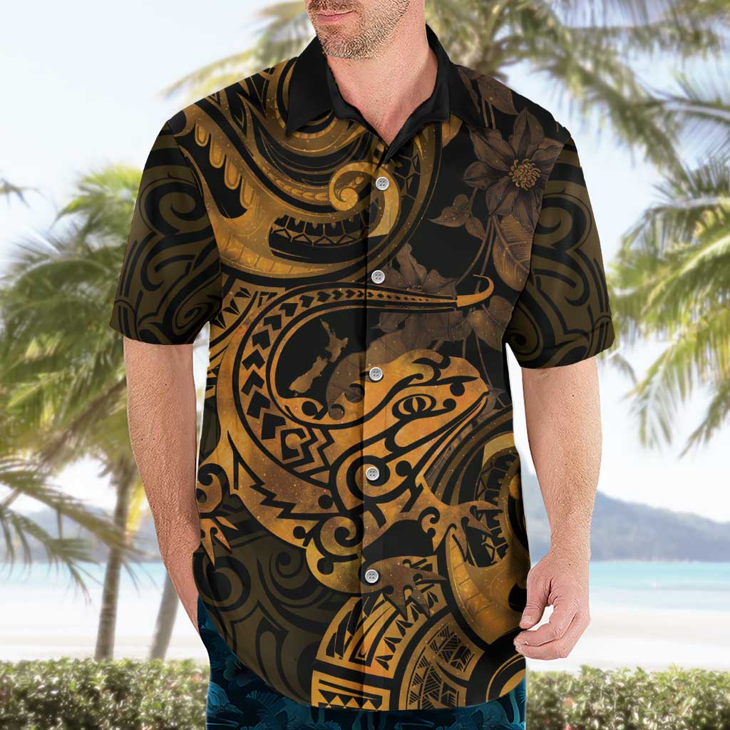 New Zealand Tuatara Hawaiian Shirt Aotearoa Maori Clematis Flowers - Gold - Vibe Hoodie Shop